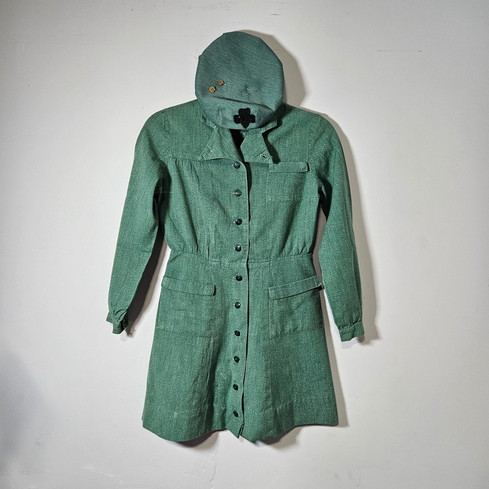 Vintage Girl Scouts Uniform Dress and Beret Hat Green 1940s 1950s Official GS